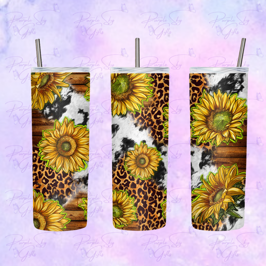 Country Sunflowers on Cow Print 20 or 30 oz Tumbler