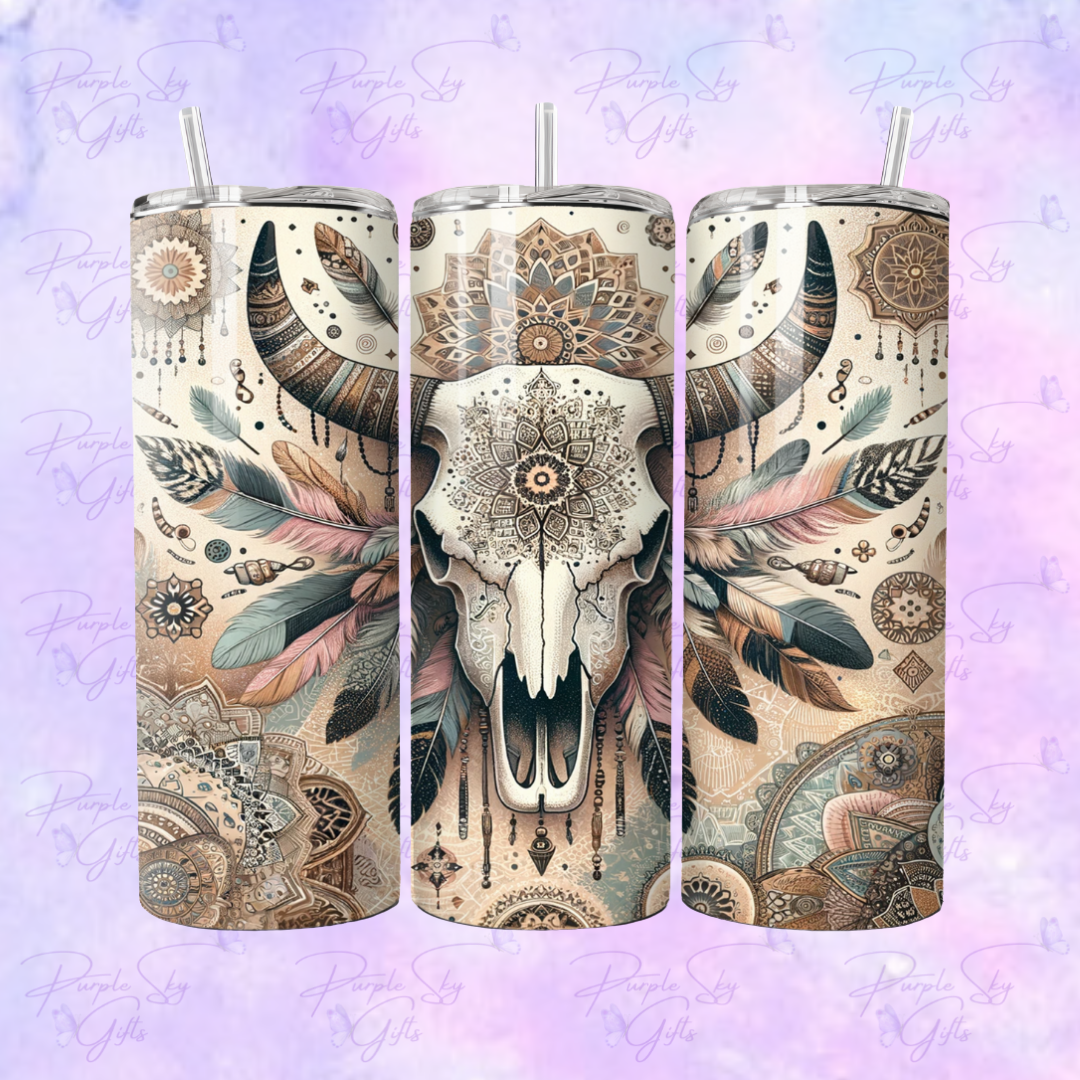 Cream Sage Boho Cow Skull Western 20 oz Tumbler