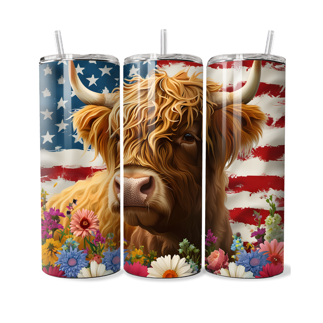 Patriotic American Flag Curly Highland Cow 20 or 30 oz Tumbler