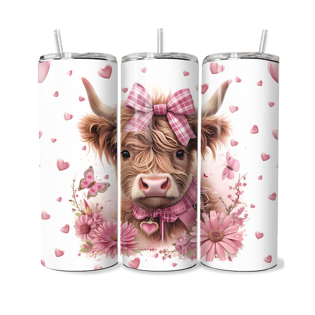 Pink Hearts and Butterflies Highland Cow 20 or 30 oz Tumbler
