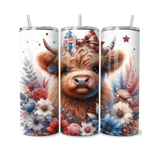 Patriotic Highland Cow with American Flag Bow 20 or 30 oz Tumbler