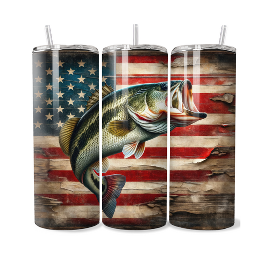 Bass Fish American Flag 20 or 30 oz Tumbler