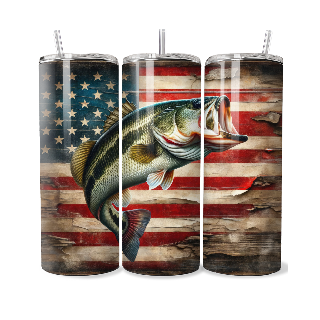 Bass Fish American Flag 20 or 30 oz Tumbler