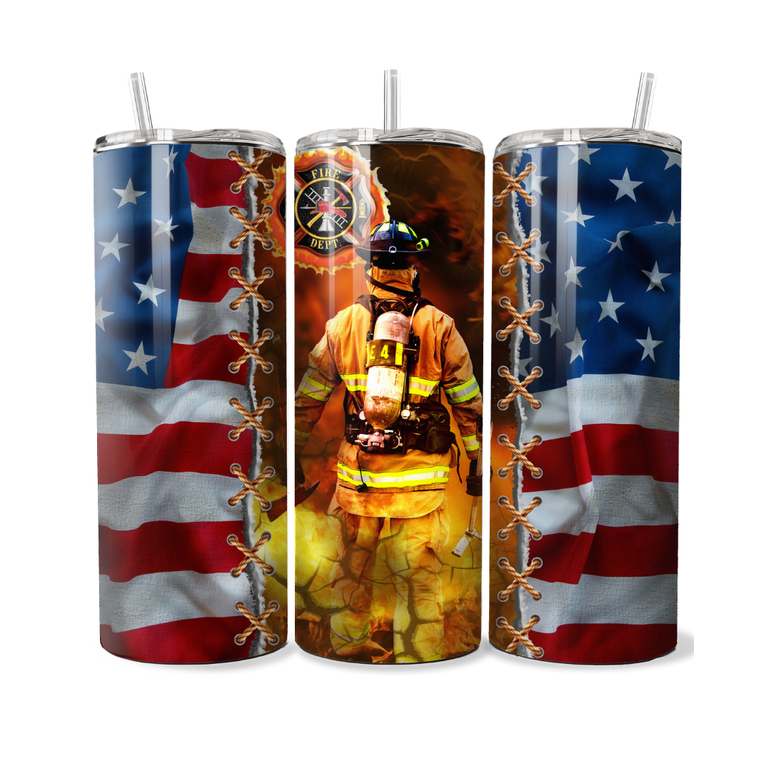 Fireman Fire Fighter USA Patriotic 20 or 30 oz Tumbler