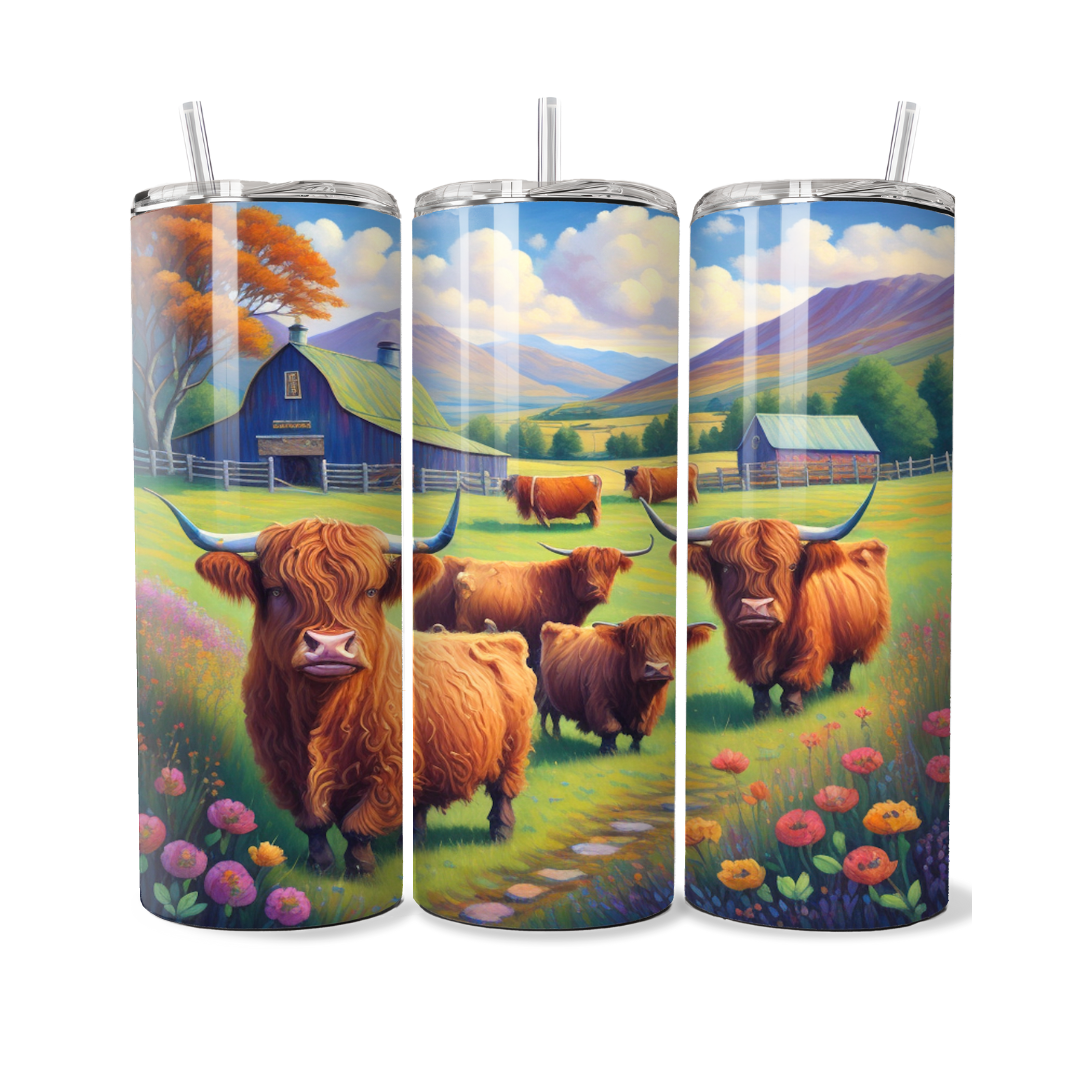 Highland Cow Family In Field 20 or 30 oz Tumbler