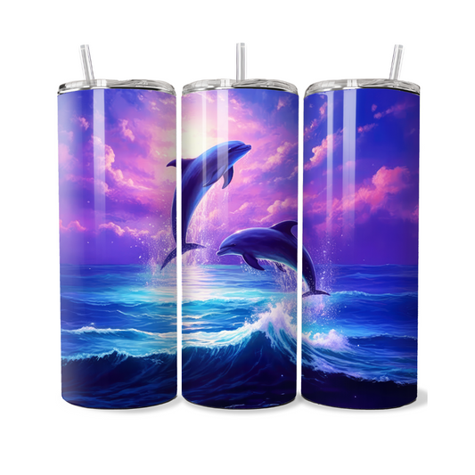 Dolphins In Ocean Purple Sky Horizon 20 or 30 oz Tumbler