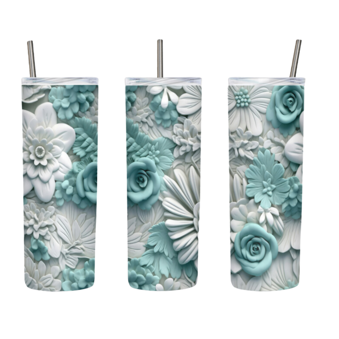 Teal and White Flowers 20 or 30 oz Tumbler