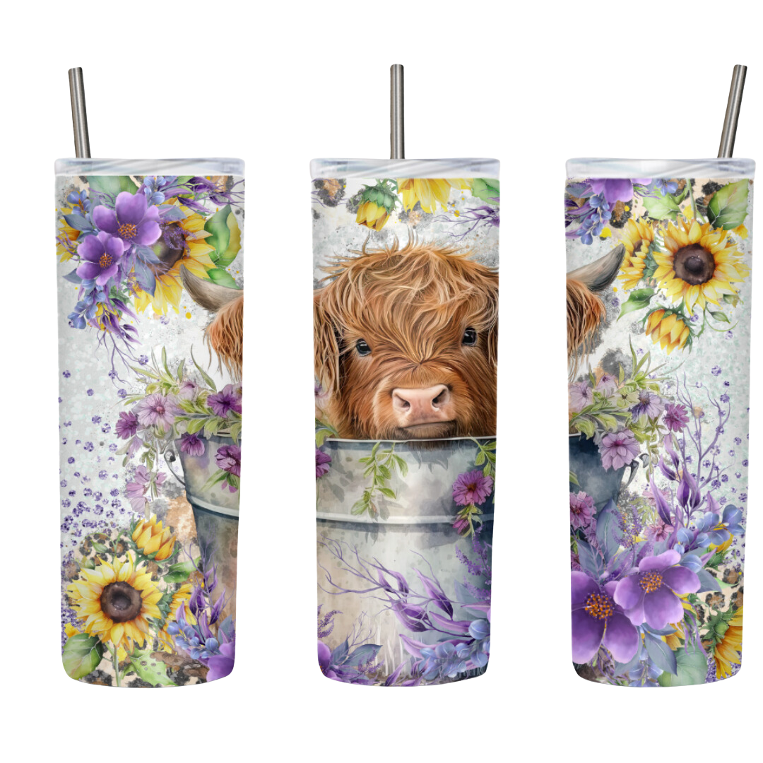 Baby Highland Cow Purple Country Wildflowers 20 or 30 oz Tumbler