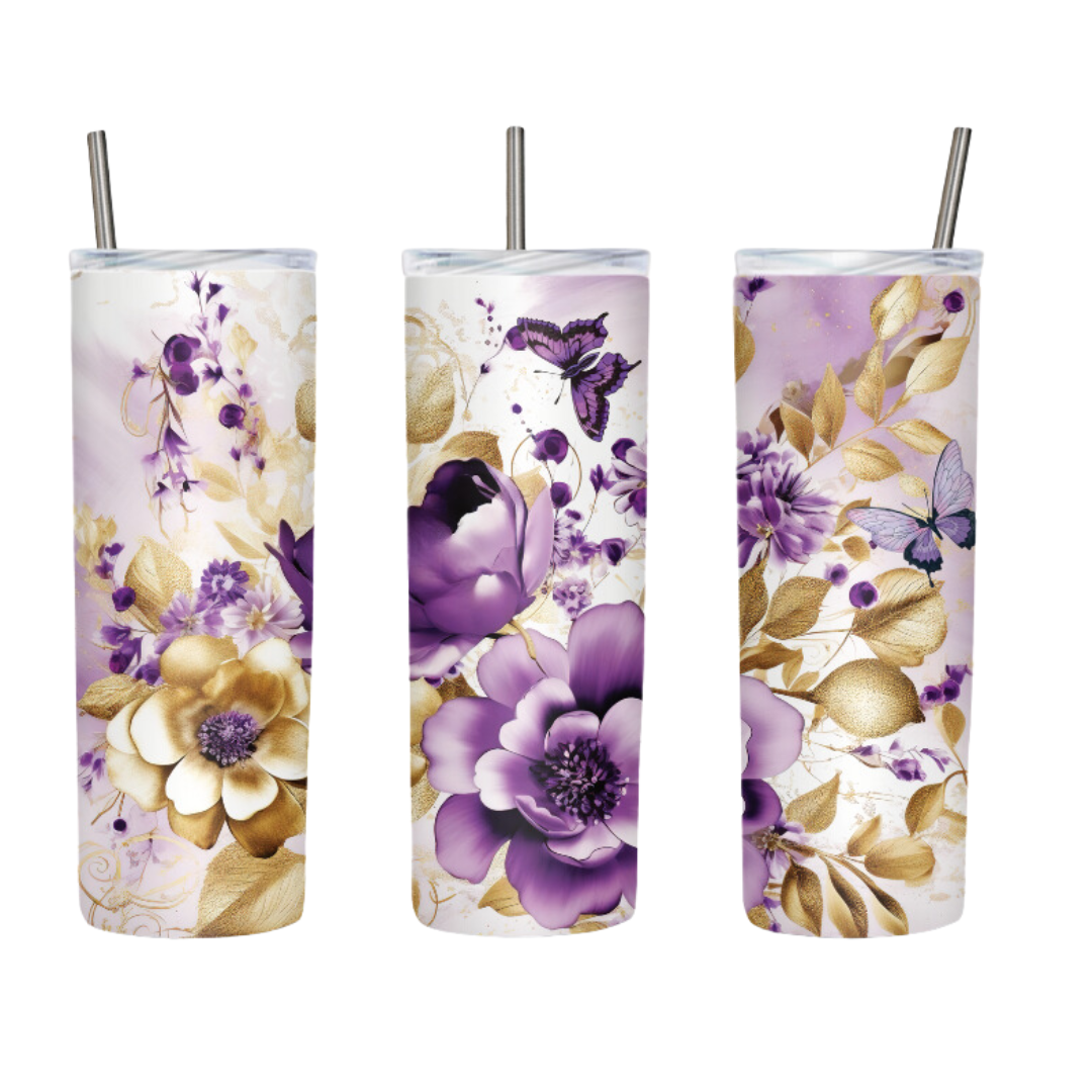 Purple and Gold Flowers Butterflies 20 or 30 oz Tumbler