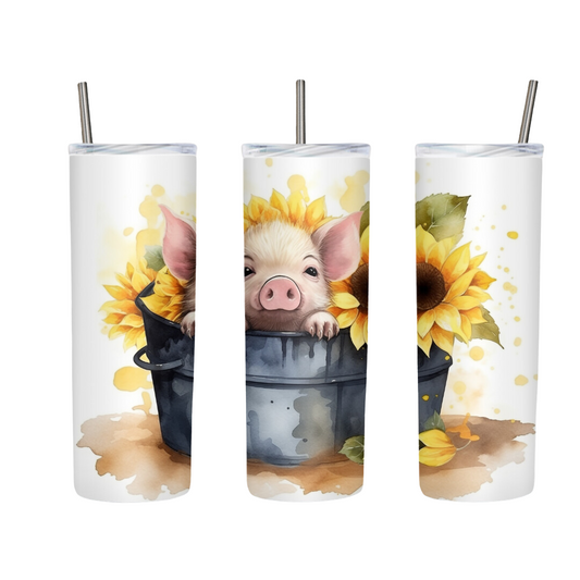 Baby Pig In A Bucket Country Sunflowers 20 or 30 oz Tumbler