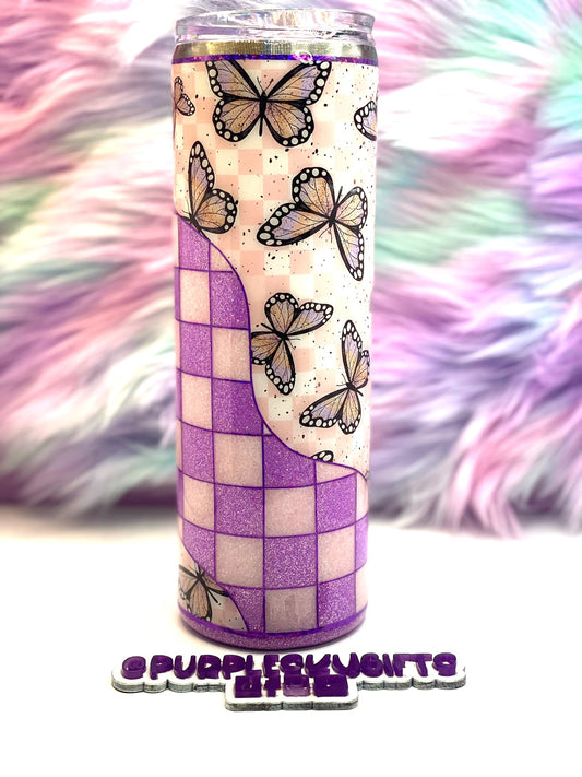 Checkered Pattern Butterfly 30 oz Epoxy Glitter Tumbler Ready To Ship